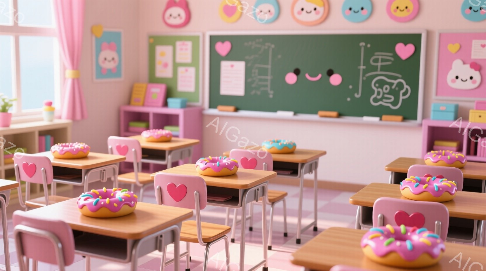 明るいピンク色を基調とした教室には、木製の机と椅子が整然と並べられています。それぞれの机の上には、色とりどりのアイシングが施されたドーナツが置かれており、壁には可愛らしいイラストや装飾が施されています - AI生成フリー素材