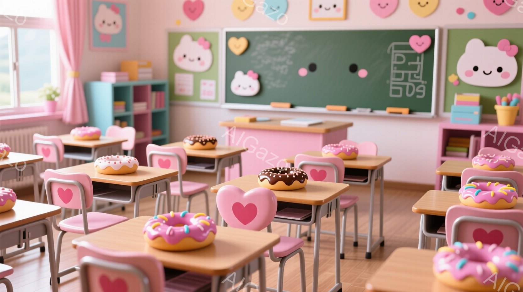 明るいピンク色の教室には、たくさんの木製の机が整然と並べられています。それぞれの机の上には、色とりどりのドーナツが置かれており、黒板には可愛らしいハートや星のイラストが描かれています。全体的に甘くて可 - AI生成フリー素材
