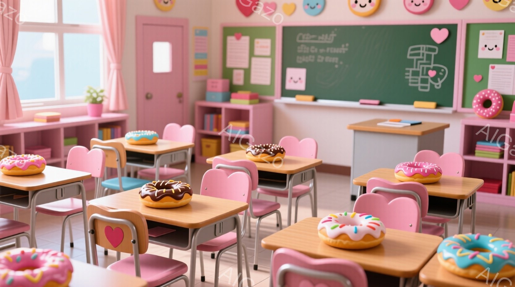 明るいピンク色の教室には、小さな机と椅子が整然と並べられています。各机の上には、色とりどりのドーナツが置かれており、遊び心に満ちた雰囲気が漂っています。黒板には可愛らしいイラストが描かれており、教室全 - AI生成フリー素材