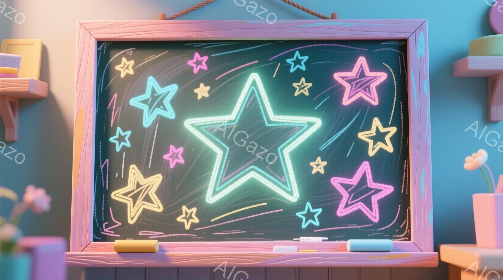 黒板に様々な色の蛍光ペンで星が描かれており、中心には大きな星が強調されています。背景は薄い水色で、黒板の周りには木製の台や花瓶が見え、明るく遊び心のある雰囲気です。全体的に子供の落書きのような温かみのあるイメージです。