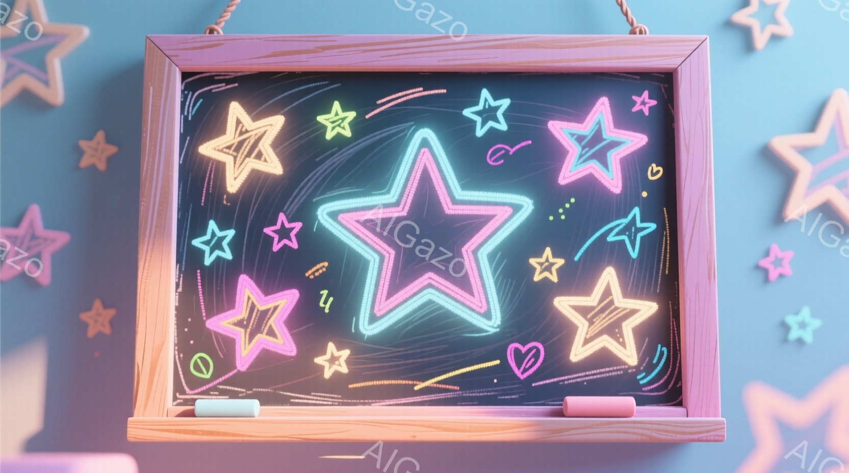 黒板の上に、さまざまな色の蛍光ペンで描かれた星々が散りばめられています。大きなピンク色の星が中心に描かれており、背景は濃い青色で、小さな星やハート、曲線などの装飾が施されています。黒板は木製のフレームで囲まれており、下にはピンク色のチョークが置かれています。