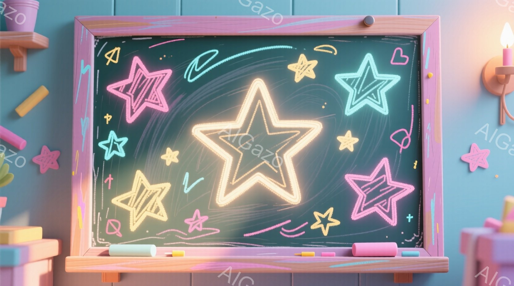 黒板に色とりどりの星がチョークで描かれており、ピンク、オレンジ、イエロー、水色の星が散りばめられています。黒板の周りは淡いピンク色の枠で囲まれており、背景は水色の壁と、左下にはおもちゃの積み木、右にはプラスチックの星の飾りが見えます。全体的に明るく、子供らしい遊び心あふれる雰囲気です。