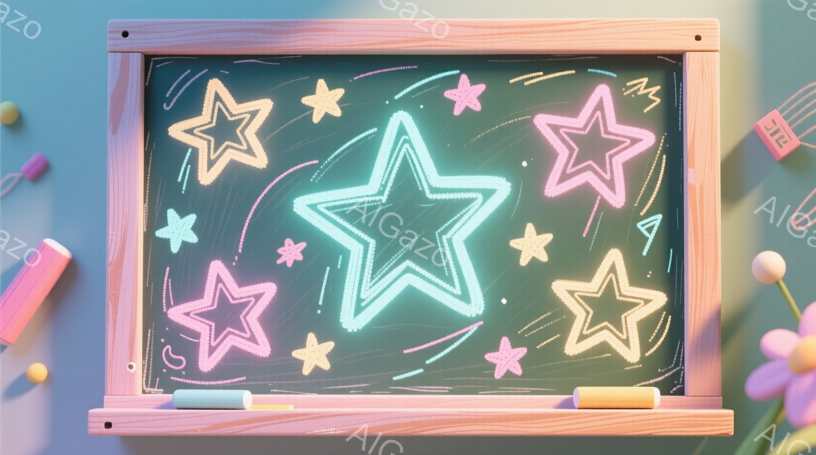 深緑色の背景に、様々な色の蛍光色の星が描かれた黒板が写っています。黒板の周りは木製のフレームで囲まれ、黒板の横には色鉛筆が置かれています。全体的に、子供の落書きのような、夢幻的で遊び心のある雰囲気が漂っています。