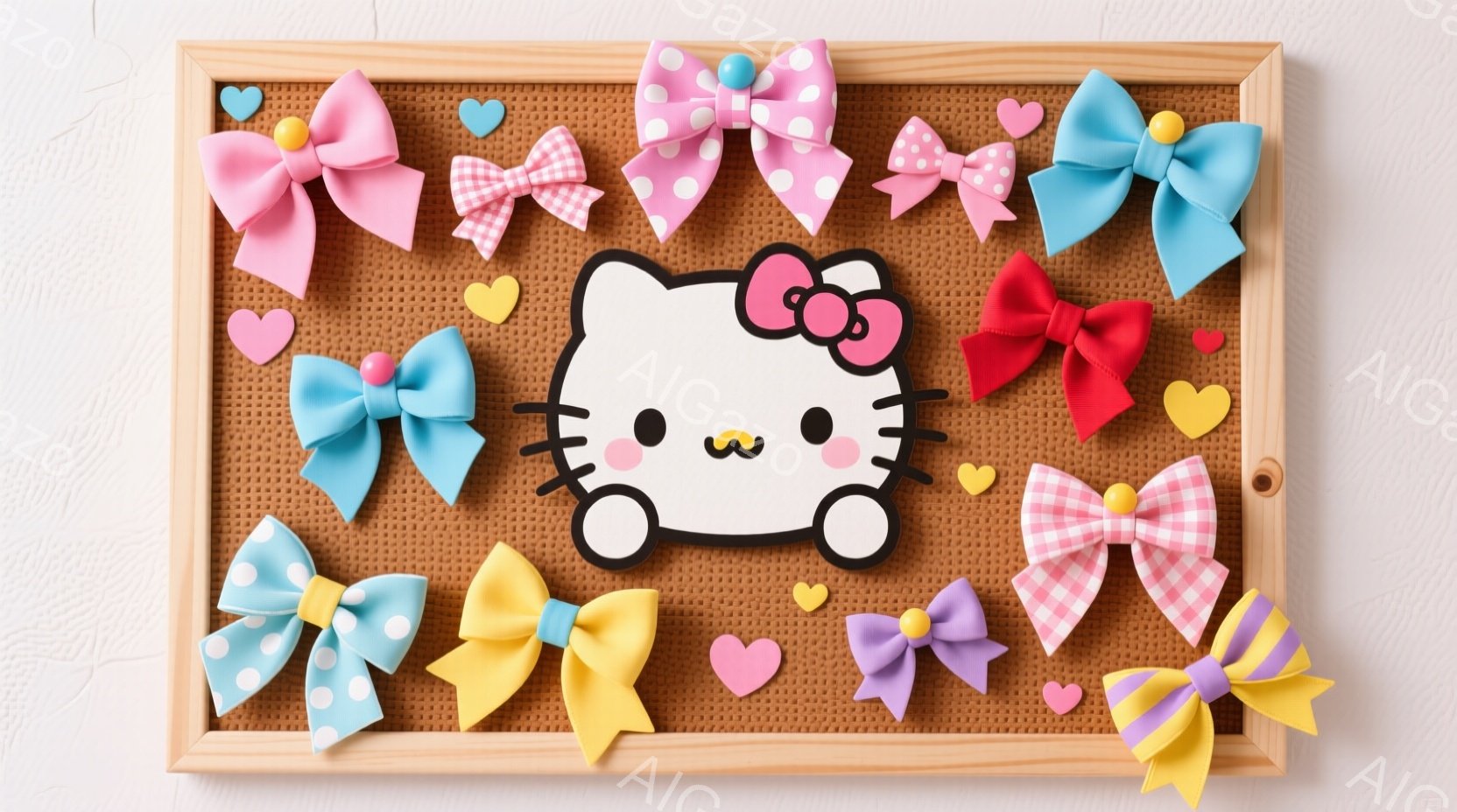 明るい茶色のコルクボードを背景にした、可愛らしいハローキティの装飾です。ハローキティは白い姿で、頭には赤いリボンをつけており、穏やかな笑顔を浮かべています。コルクボードの周りには、ピンク、赤、青、黄色、紫など、様々な色のリボンとハート型の飾り付けが散りばめられており、全体的に温かく、愛らしい雰囲気を醸し出しています。