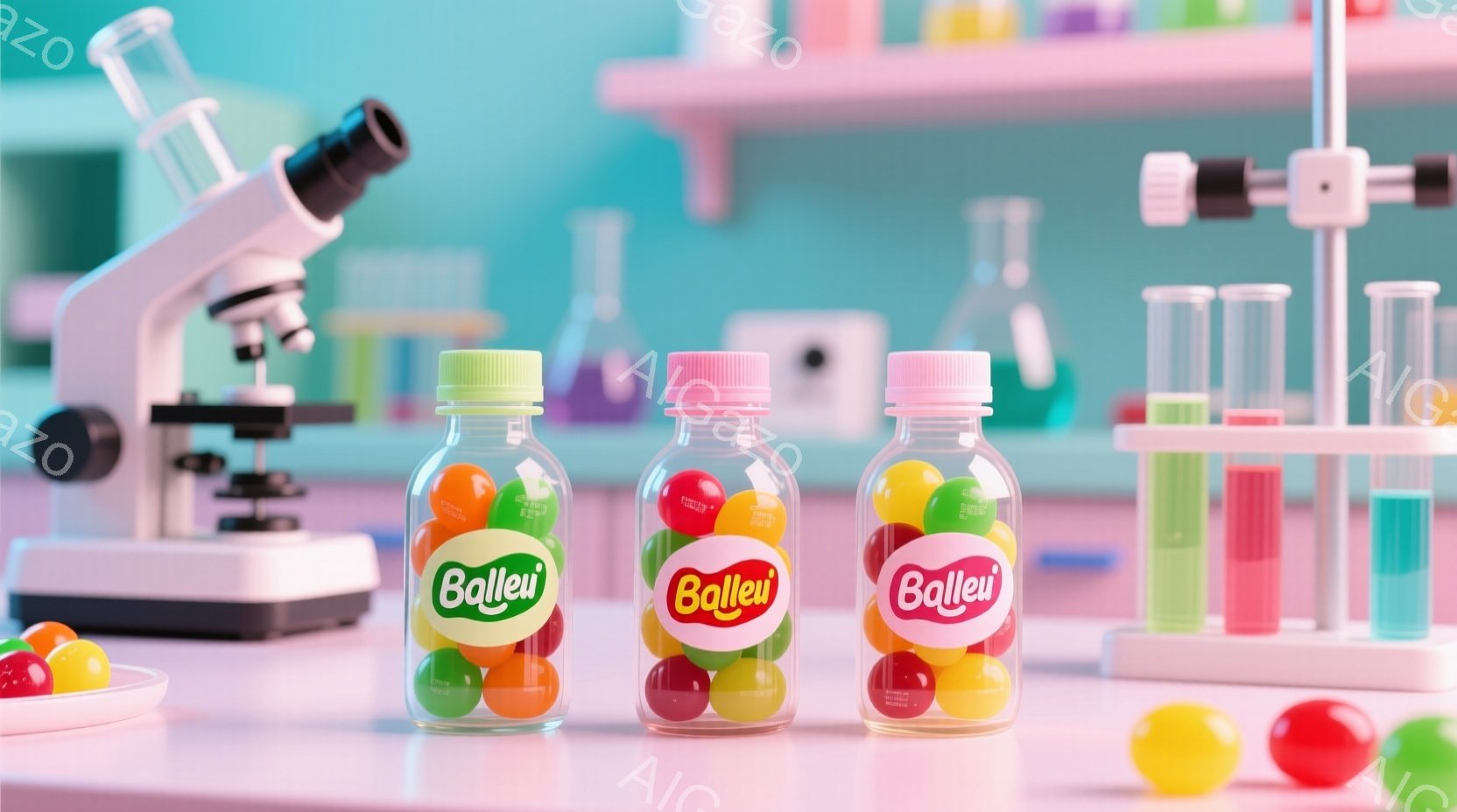 実験室を背景としたキャンディーのボトルのクローズアップです。３本のボトルにはカラフルなキャンディーが入っており、それぞれに「Ballei」というブランド名が書かれたラベルが付いています。背景には、顕微鏡、試験管、様々な実験器具が配置され、鮮やかで遊び心のある雰囲気を醸し出しています。