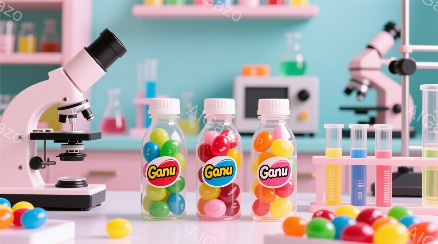 実験室を背景にしたキャンディーのプロモーション写真です。３本の「Ganu」と書かれた透明なボトルが並んでおり、それぞれの中にカラフルなジェリービーンズが入っています。背景には顕微鏡、試験管、電子レンジなどの実験器具が見られ、全体的に明るくポップな雰囲気です。