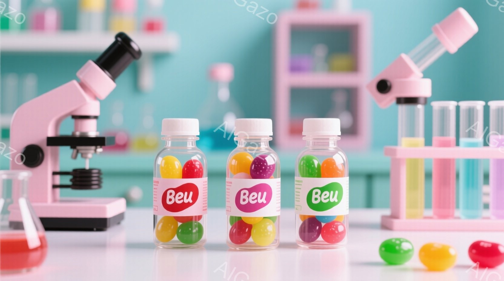 鮮やかなピンク色の背景に、ビーズのようなキャンディが入った3本の透明なプラスチックボトルが並べられています。背景には、顕微鏡や試験管などの実験器具が配置され、子供向けの科学実験をイメージさせる雰囲気で - AI生成フリー素材