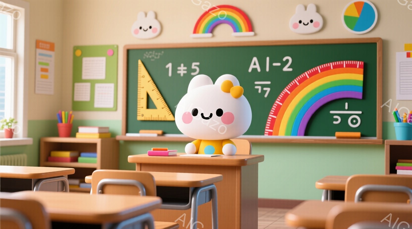 鮮やかな教室で、丸くて白い雲のようなキャラクターが、机の前に座っています。そのキャラクターは、つぶらな瞳と、ほんのり微笑んだ表情をしており、黄色い服を着ています。背景には黒板があり、分数と虹のイラストが描かれ、教室全体が明るく、学習意欲を掻き立てられるような雰囲気です。