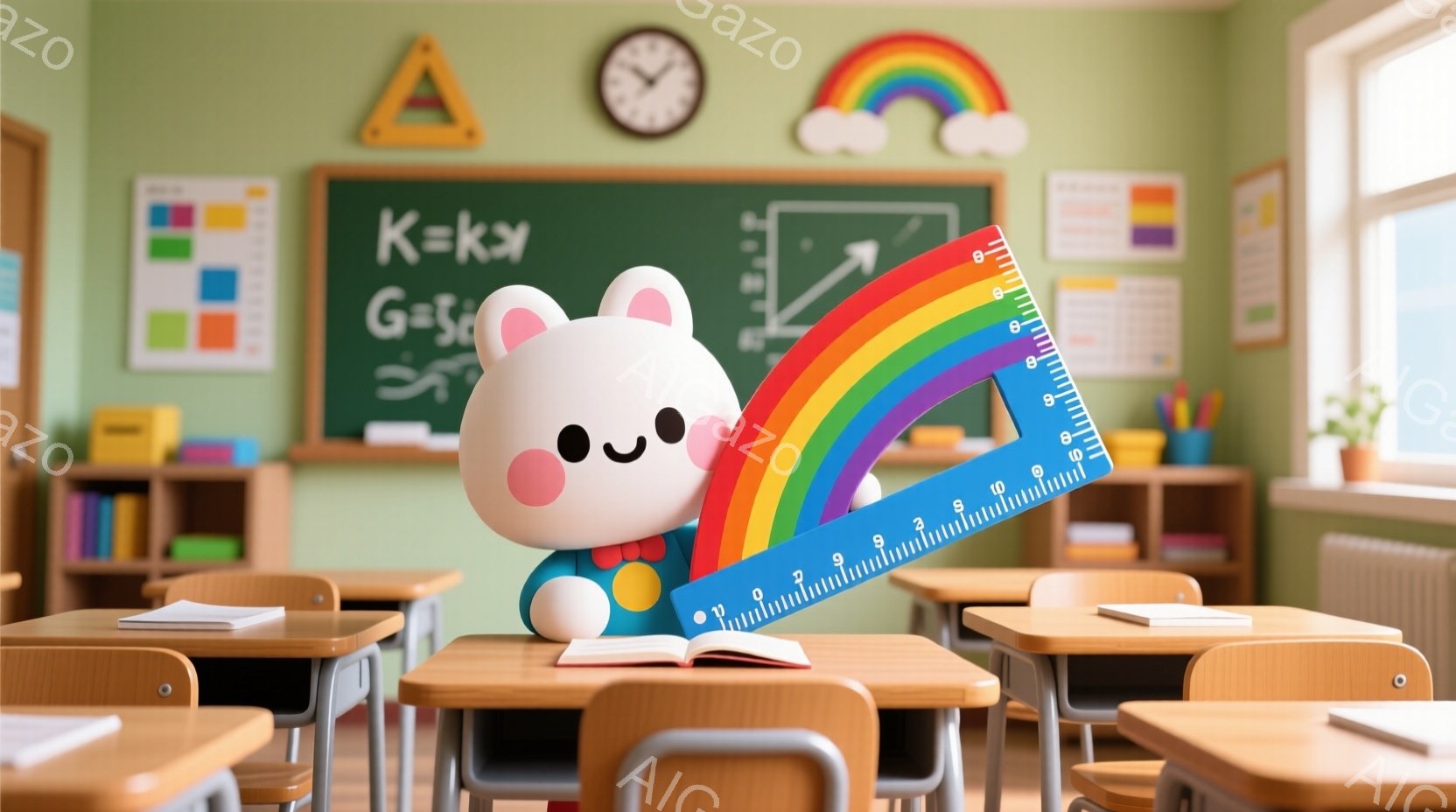 教室の机の上に、可愛らしいクマのぬいぐるみが座っています。クマは青い服を着ており、赤い本の上に片手を置き、虹色の定規をもう一方の手で持っています。背景には黒板、机、椅子があり、明るくカラフルで学習意欲を刺激する雰囲気です。