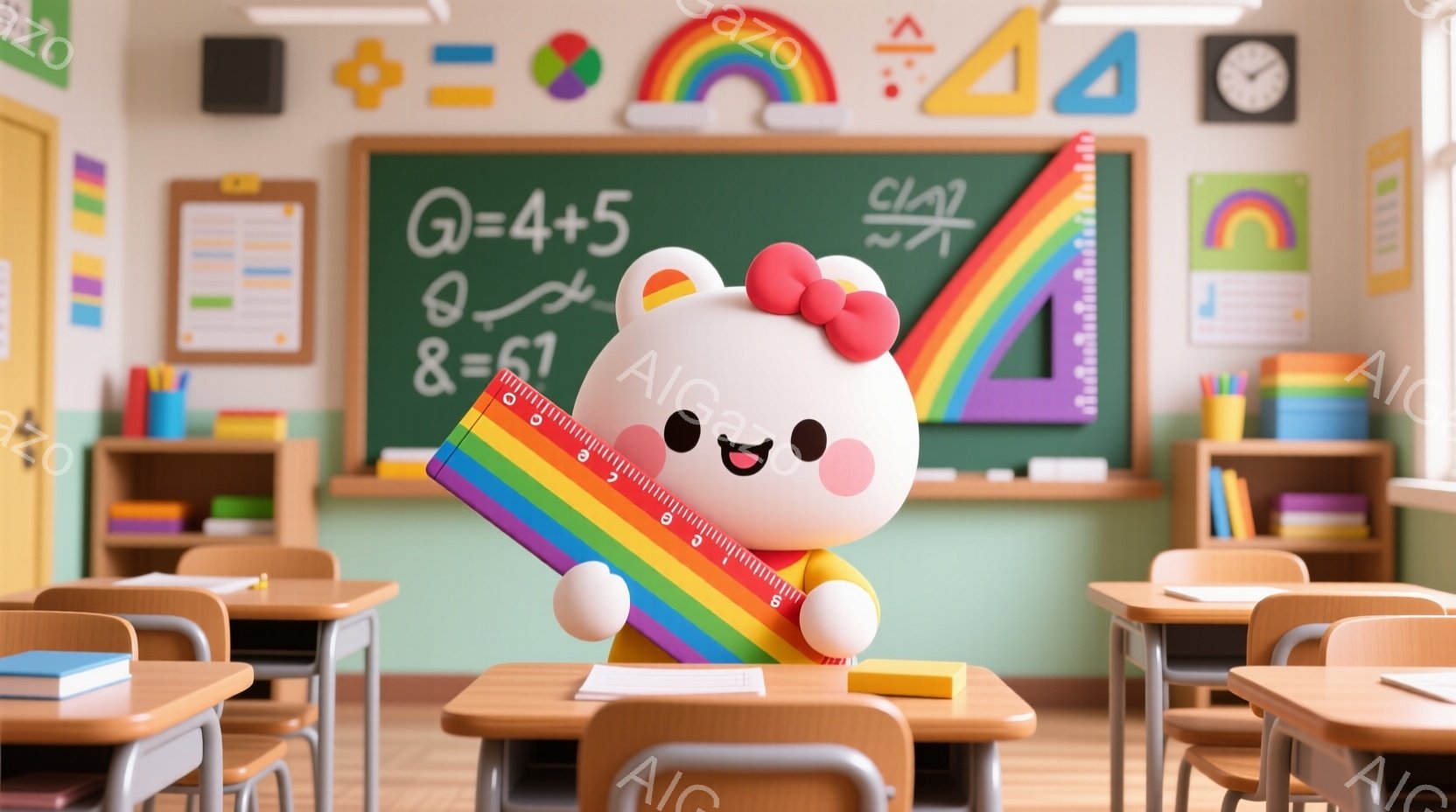 白くて丸いキャラクターが教室の机の上に立っており、虹色の定規を手に持っています。教室には黄色い机と椅子が並び、黒板には算数の式と幾何学模様が描かれており、明るくカラフルな雰囲気です。キャラクターは可愛らしい表情をしており、学習意欲を掻き立てるような、遊び心のある空間を作り出しています。