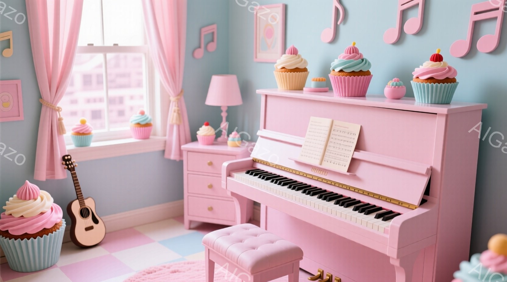鮮やかなピンク色のアップライトピアノが部屋の中心に置かれ、その上にカラフルなカップケーキが飾られています。窓の外には高層ビルが見え、部屋全体は淡いピンクと水色のパステルカラーで統一され、可愛らしい雰囲気を醸し出しています。床はピンクと白のチェック模様で、音楽記号が壁に飾られ、明るくおとぎ話のような空間を作り出しています。
