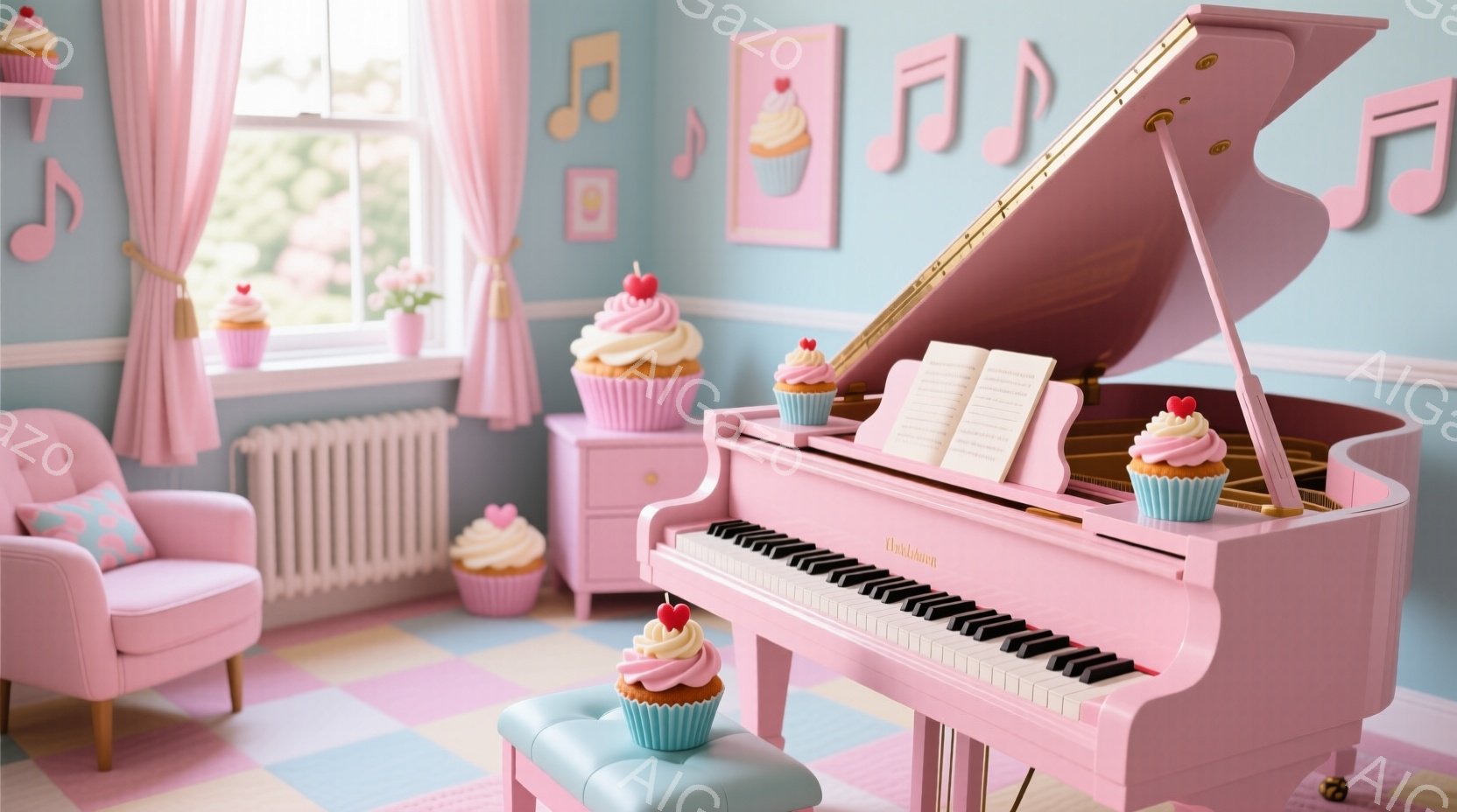 明るいピンクを基調とした部屋に、ピンクのグランドピアノが置かれています。ピアノの上や周囲には、クリームとチェリーが飾られた可愛らしいカップケーキがいくつか配置されており、全体的に甘く夢のような雰囲気を - AI生成フリー素材