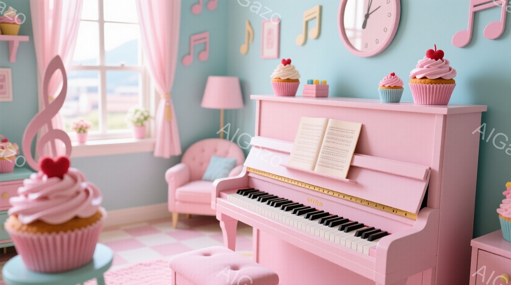 明るいピンク色のピアノが部屋の中心にあり、楽譜が開かれた状態で置かれている。周りには、可愛らしいカップケーキのオブジェや、パステルカラーのソファが配置されており、全体的に甘くて優しい雰囲気を醸し出して - AI生成フリー素材