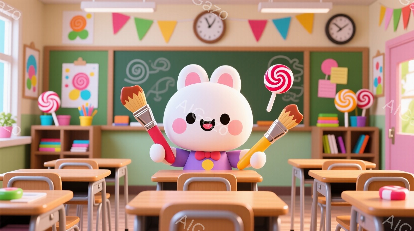 白くて丸いキャラクターが、赤色の蝶ネクタイと笑顔で教室の中央に立っている。そのキャラクターは、両手に絵筆を持っており、まるで授業を始めようとしているかのような姿勢である。背景にはカラフルな机と椅子が並び、黒板には落書きのような絵が描かれており、明るく楽しい雰囲気の教室である。
