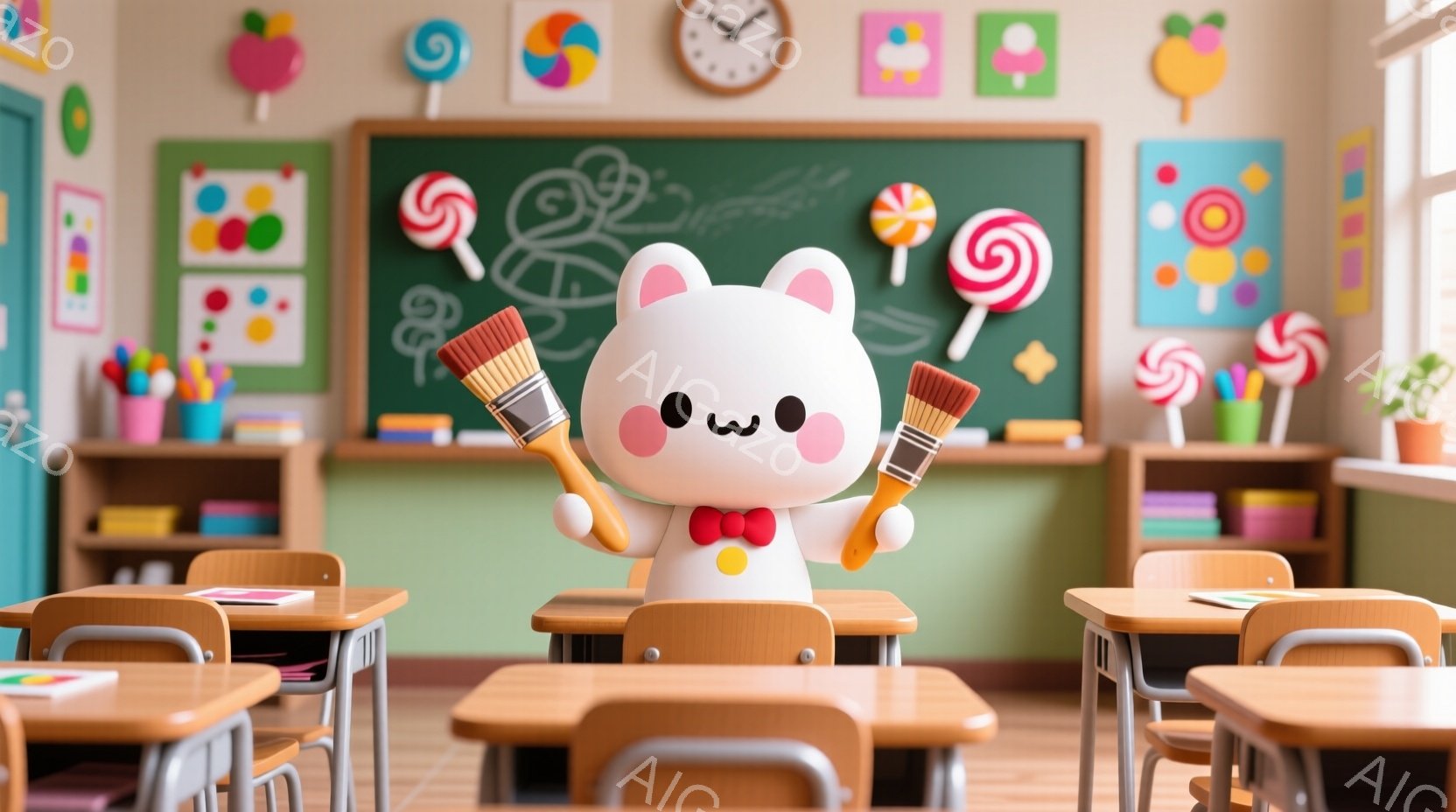 白くて丸いキャラクターが、教室の机に座っています。そのキャラクターは赤い蝶ネクタイを着用し、両手に絵筆を持っています。背景にはカラフルなキャンディーや時計が描かれた黒板があり、教室全体が明るく、楽しげな雰囲気です。