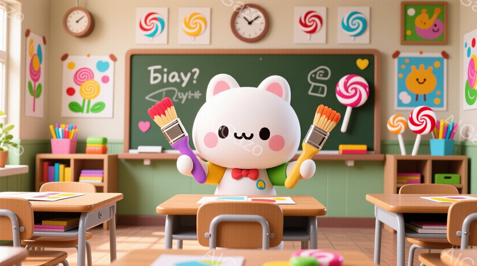 明るい教室の前に、ピンク色のウサギのキャラクターが立っている。赤いリボンを付け、両手に絵筆を持って、笑顔でこちらを見ている。背景にはカラフルな落書き、時計、本棚、机と椅子が並び、楽しい雰囲気の学校の様子が描かれている。