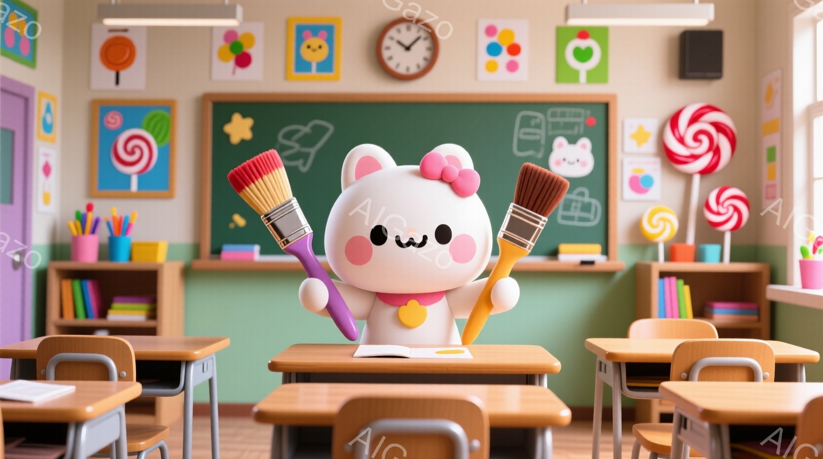 可愛らしい白いキャラクターが、手に絵筆を複数持ち、教室の中心で立っている。背景には色とりどりのキャンディや花が描かれた絵画が飾られ、カラフルな本棚と机が並べられている。全体的に明るく、遊び心に満ちた雰 - AI生成フリー素材