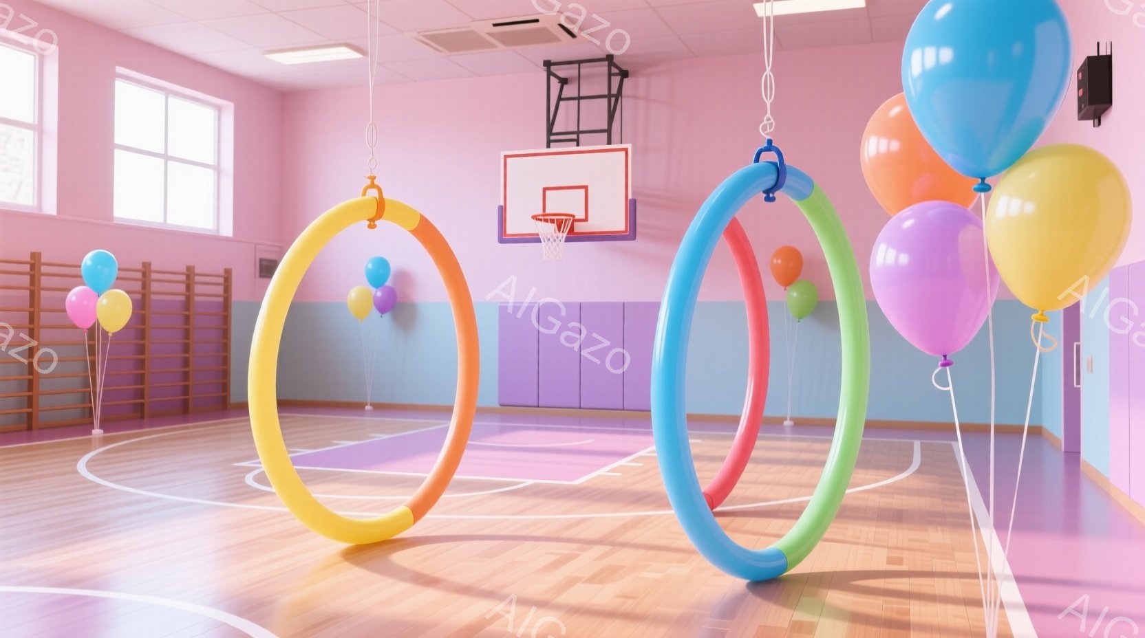 広々とした体育館の中央には、カラフルなリングがいくつか吊り下げられています。床にはバスケットボールコートのラインが引かれ、壁はピンクと水色で塗られ、明るく楽しい雰囲気です。天井からはたくさんの風船が垂れ下がっており、子供たちの誕生日会やイベントが行われる場所であることが想像できます。