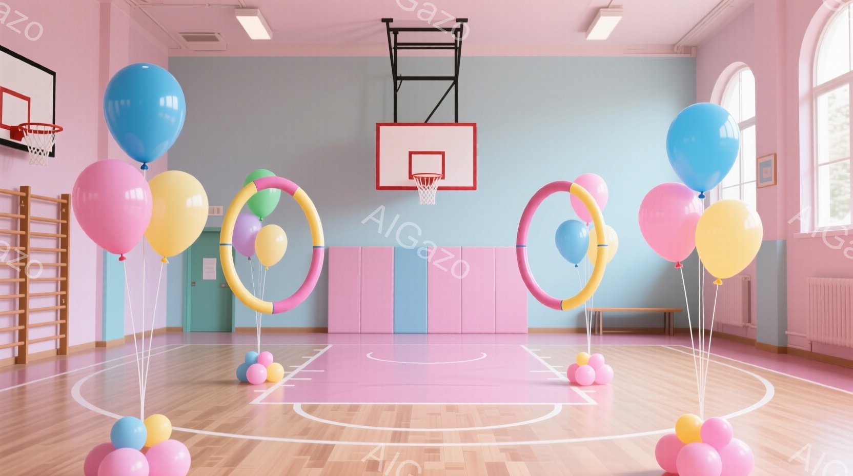 広々とした体育館のフロアに、カラフルな風船が所々に配置されています。壁は水色とピンクのストライプで装飾され、床は木製で、バスケットボールコートのラインが引かれています。全体的に明るく、子供向けのイベン - AI生成フリー素材