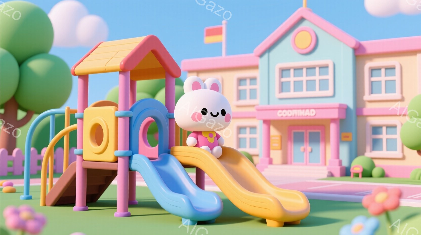 明るいピンクと青の遊具が特徴的な公園で、丸くて白いウサギのキャラクターが滑り台から降りています。ウサギは赤い服を着ており、つぶらな瞳と微笑みが可愛らしいです。背景にはパステルカラーの建物と花が咲き乱れ、晴れた日の穏やかな雰囲気を醸し出しています。