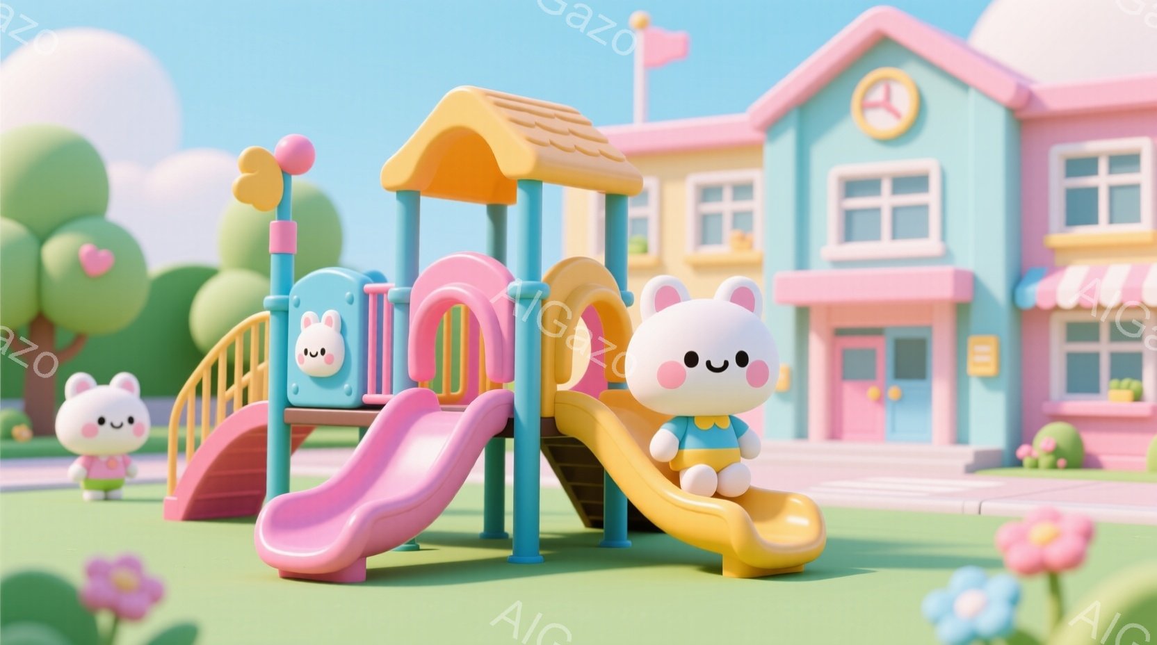 明るい晴れた日に、ピンクと青の滑り台で遊ぶ可愛らしいウサギのキャラクターがいます。キャラクターはそれぞれ異なる色の服を着ており、楽しそうな表情をしています。背景には、パステルカラーの建物と、花が咲き乱れる緑の芝生があり、全体的に暖かく、遊び心のある雰囲気が漂っています。