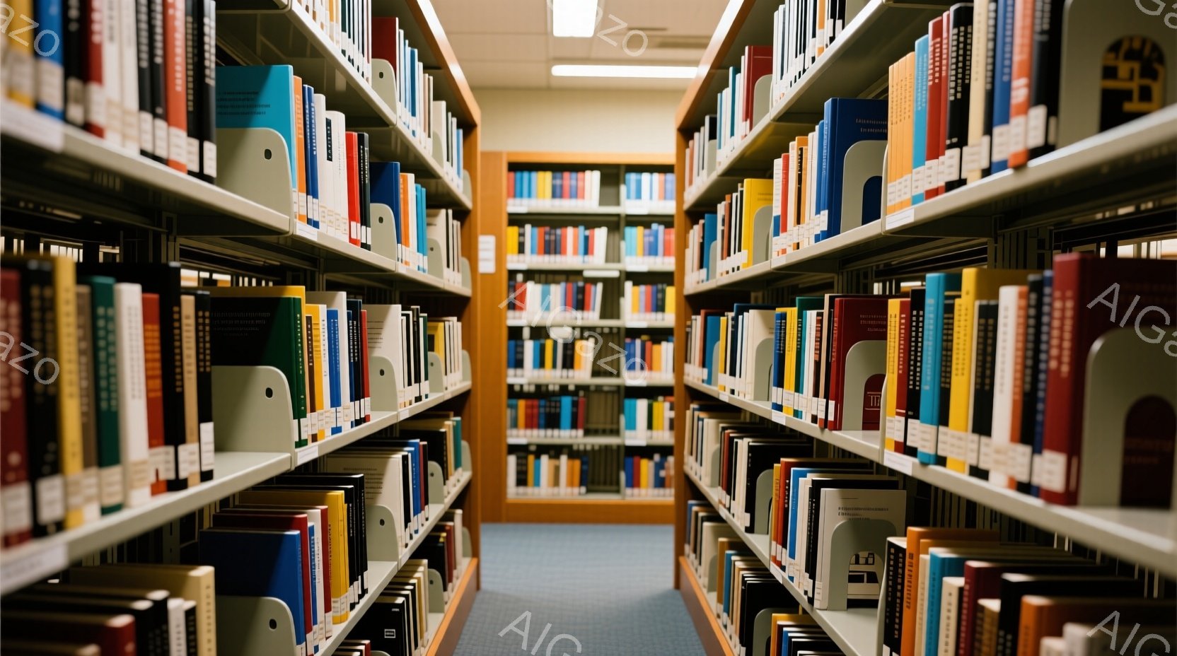 本棚が両側に並び、通路が奥へと続いている様子が写っている。本の背表紙の色とりどりの並びが印象的で、知識や情報が詰まった空間であることを示唆している。全体的に静かで落ち着いた雰囲気で、読書や研究に集中で - AI生成フリー素材