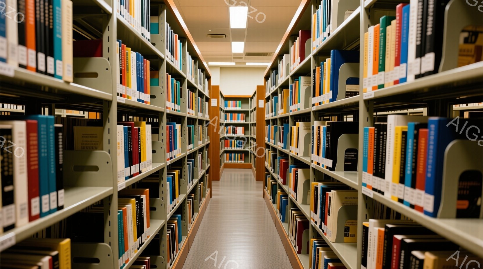 図書館の本棚が奥へと伸びており、様々な色の本が整然と並べられています。通路は灰色で、本棚は淡い緑色をしており、全体的に静かで落ち着いた雰囲気が漂います。通路の奥には光が差し込み、遠近感を強調しています - AI生成フリー素材