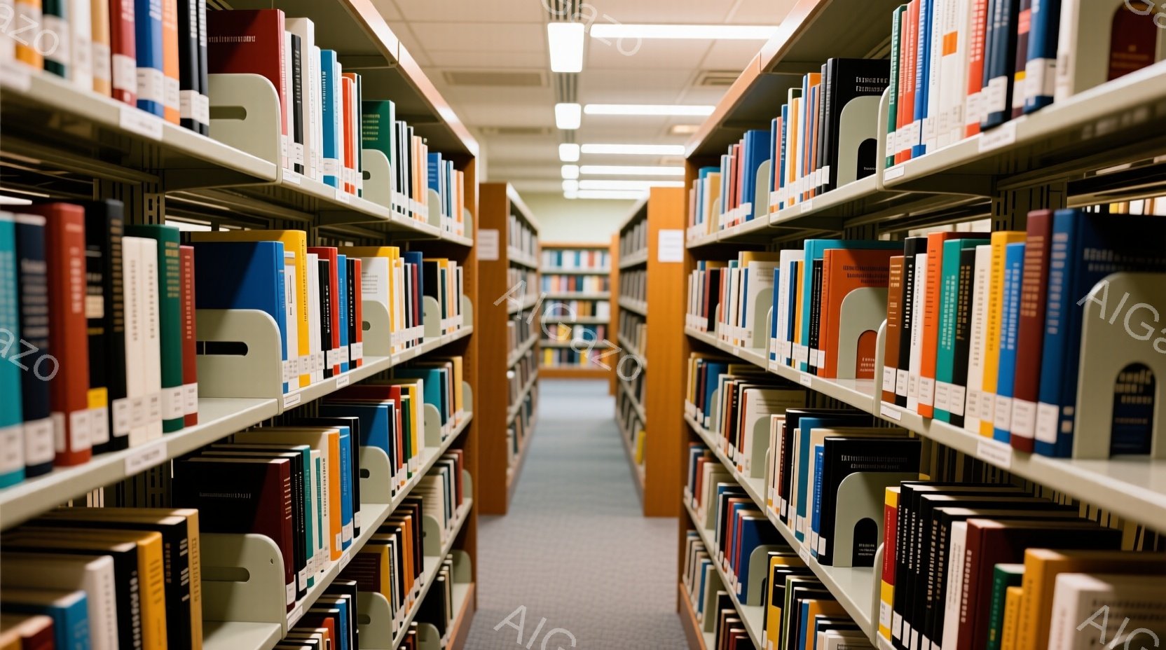 図書館の本棚が両側に並び、奥へと続く廊下が写っている。カラフルな本がぎっしりと並んでおり、落ち着いた雰囲気である。廊下は明るく、清潔感があり、静かに読書に集中できる空間を想像させる。