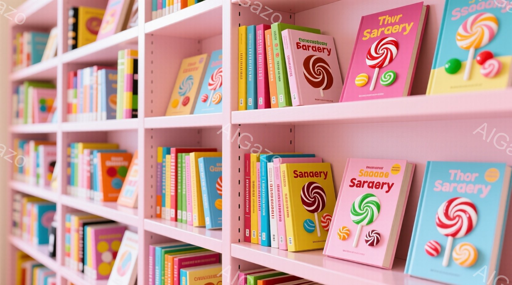 ピンク色の本棚が写っており、カラフルなキャンディのイラストが描かれた本が並んでいます。本棚は明るく、ポップな雰囲気で、子供部屋や遊び心のある空間に合うデザインです。全体的に甘くて楽しい気分になるような - AI生成フリー素材