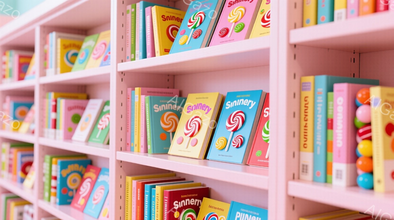 本棚が明るいピンク色で、様々な色の本が並んでいます。特に目を引くのは「Sinners」と書かれたカラフルなキャンディ柄の本で、棚全体に散りばめられています。全体的にポップで遊び心のある雰囲気が漂い、甘いお菓子の世界のような印象を与えます。
