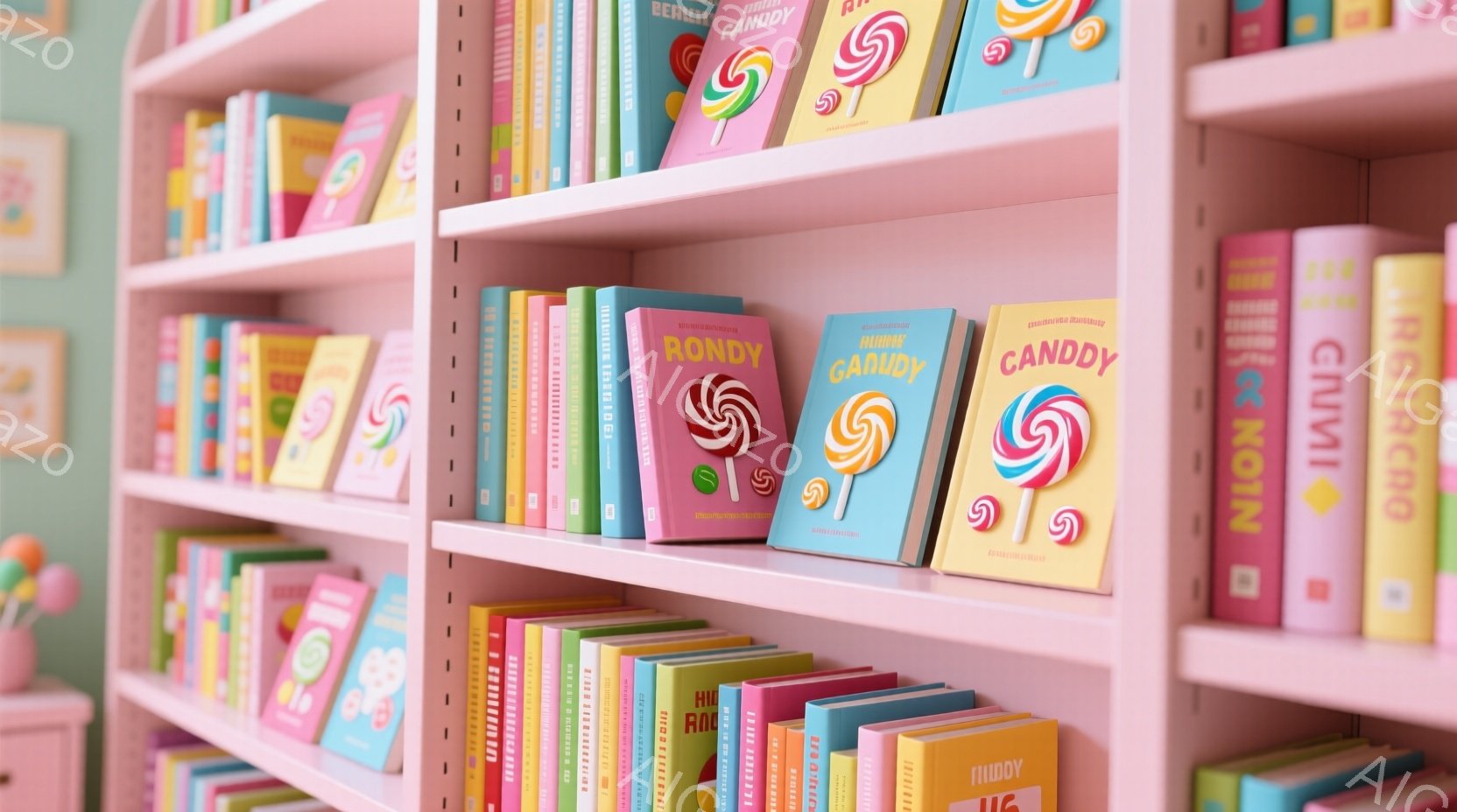 ピンク色の本棚が写っており、様々な色の本がぎっしりと並んでいます。本の表紙には渦巻き状のキャンディのイラストが描かれており、カラフルで可愛らしい雰囲気を醸し出しています。全体的に明るくポップな印象で、 - AI生成フリー素材