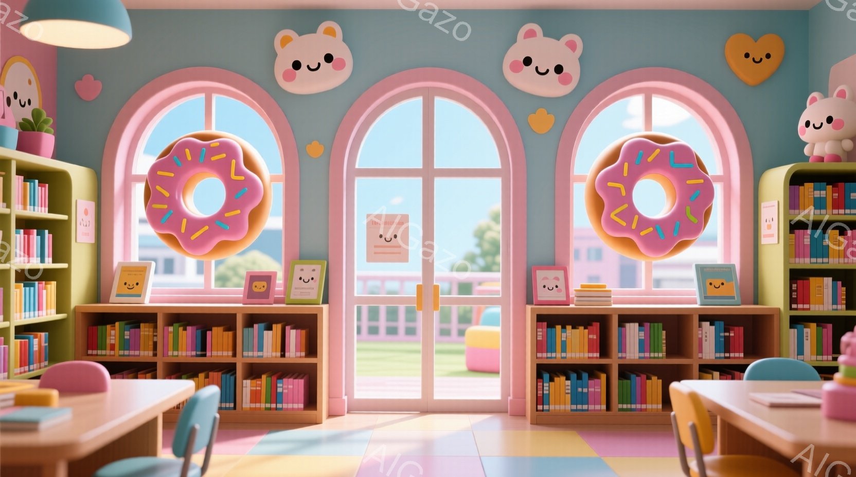 明るいピンク色を基調とした図書館で、大きなアーチ型の窓から外の景色が見えます。窓枠や本棚には可愛らしいキャラクターが描かれており、室内には白い机と椅子が整然と並んでいます。全体的に柔らかく温かい雰囲気 - AI生成フリー素材