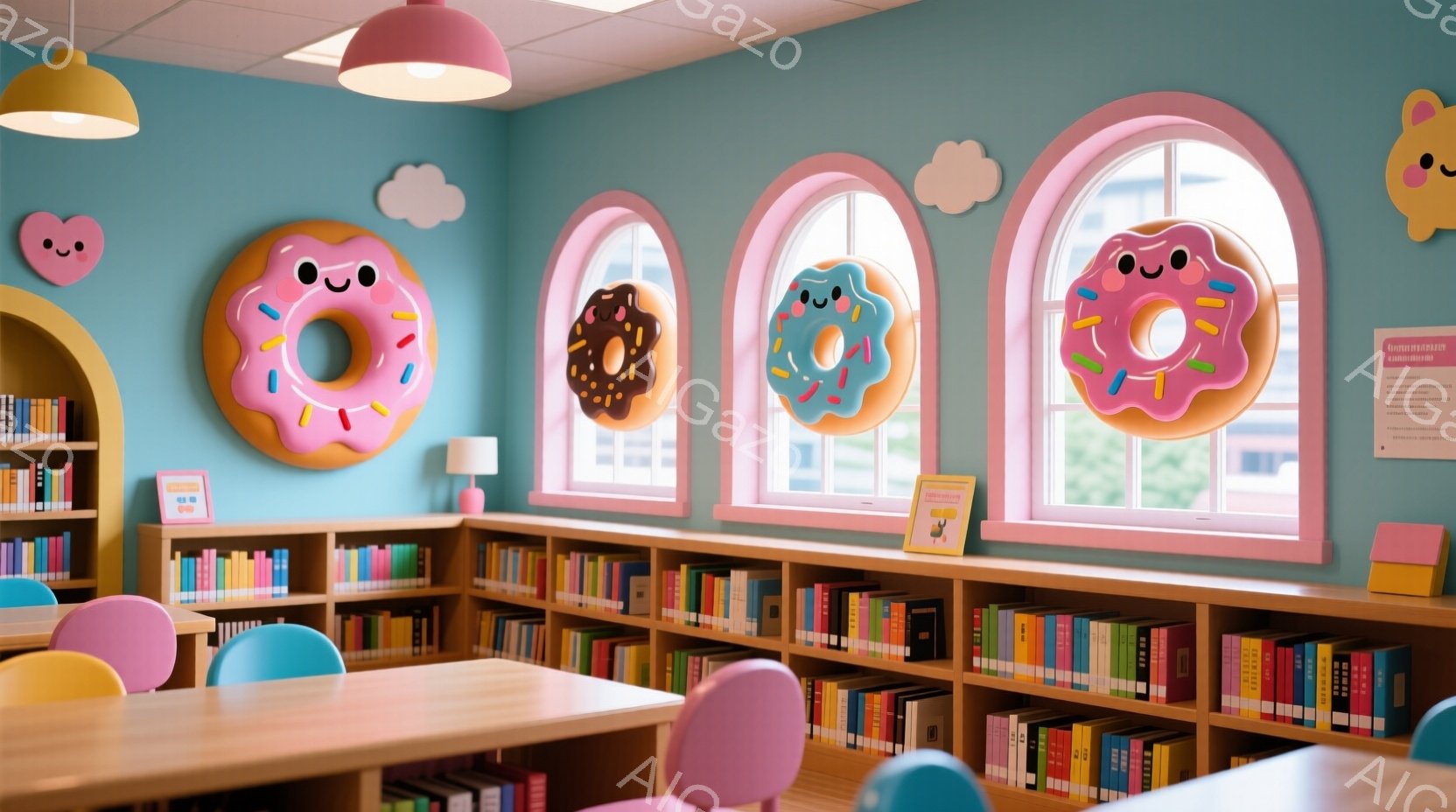 明るい水色の壁に、可愛らしいドーナツのオブジェが飾られた子供向けの図書館です。ピンク色の窓枠と、カラフルな児童書が並んだ本棚が印象的で、黄色や水色の椅子が置かれた机の配置は、遊び心のある学習空間を作り - AI生成フリー素材