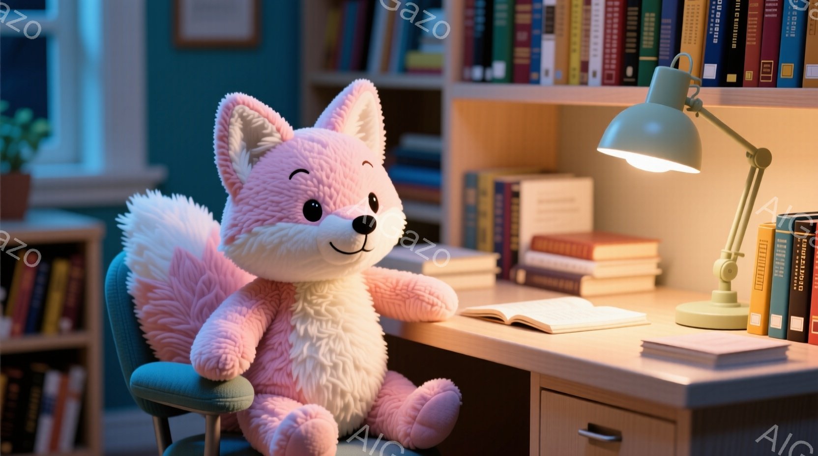 ピンク色のふわふわしたぬいぐるみ（おそらく犬またはウサギ）が、木製の机の前に座っている椅子に座っています。机の上には開いた本と積み重ねられた本があり、デスクランプが明るく照らしています。背景には本棚が - AI生成フリー素材