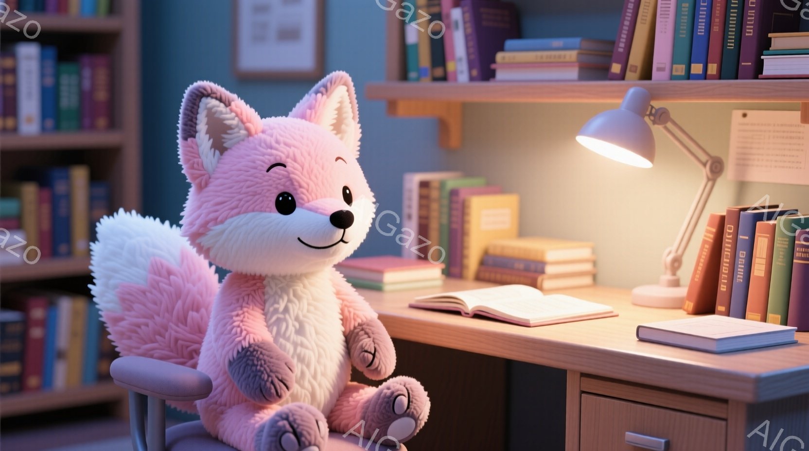 明るい木製の机の上に、ピンク色のふわふわしたキツネのぬいぐるみがお座りになっている。机の上には開いた本や積み重ねられた本、そしてデスクライトがあり、学習や読書をしているような雰囲気である。背景には本棚があり、様々な色の本が並んでいるため、知識と温かさを感じさせる室内空間である。