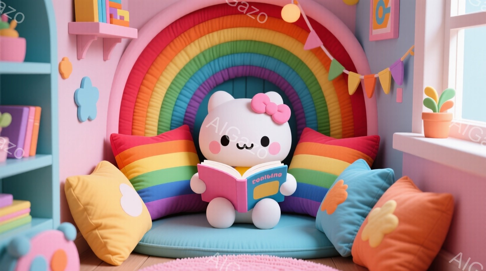 白くてふわふわした猫のようなキャラクターが、虹色のクッションに囲まれたピンク色の椅子に座って本を読んでいます。キャラクターは大きな黒い瞳で穏やかな表情をしており、可愛らしい雰囲気です。背景にはパステル - AI生成フリー素材