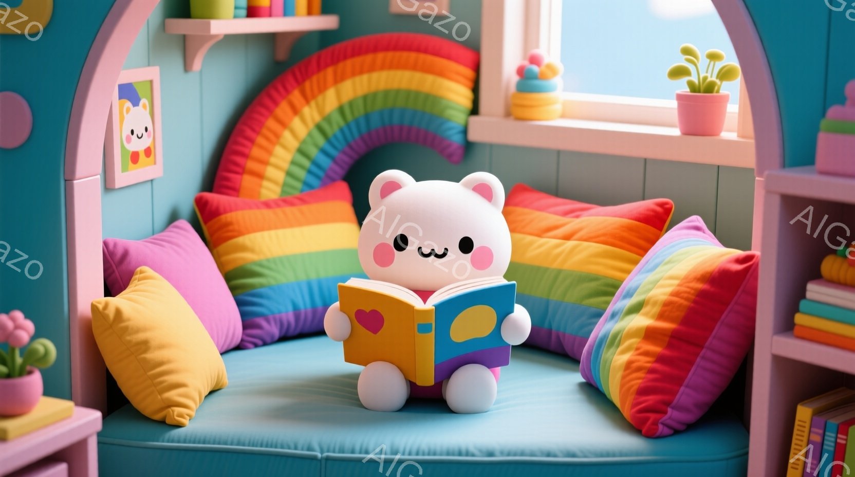 白くて丸いクマのぬいぐるみは、明るい色のクッションに座って本を読んでいます。背景には、虹色のクッション、本棚、鉢植えの植物があり、全体的に暖かく、遊び心のある雰囲気が漂っています。このクマは、幸せそうで、読書を楽しんでいるようです。