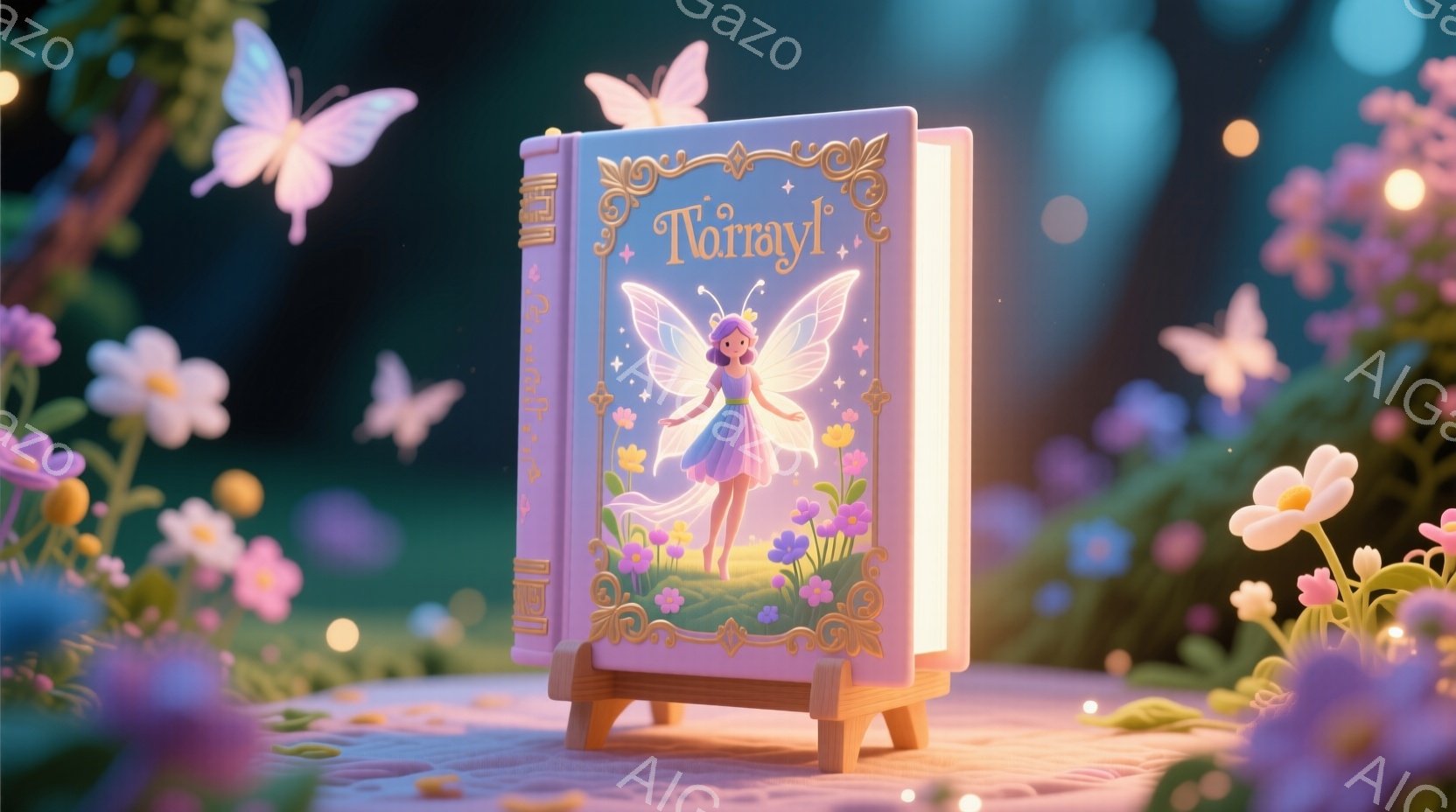 明るい光の中で、装飾された本がイーゼルに置かれ、その表紙には妖精のイラストが描かれています。妖精は、光沢のある紫色のドレスと、銀色の髪に花の飾りをつけています。背景には、ぼやけたピンクと紫の花々が咲き乱れ、光の粒子が舞い、幻想的な雰囲気を作り出しています。