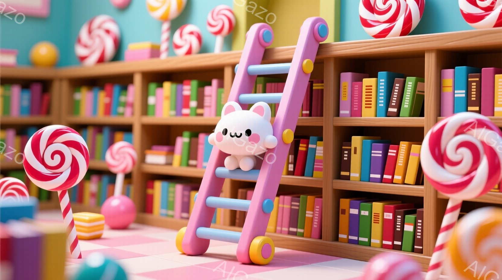 明るいピンク色の床と、カラフルなキャンディと本棚が並ぶ空間です。小さな白いウサギの人形が、ピンクと紫の梯子に寄りかかっており、つぶらな瞳でこちらを見つめています。全体的に甘くて可愛らしい、夢のような雰囲気です。