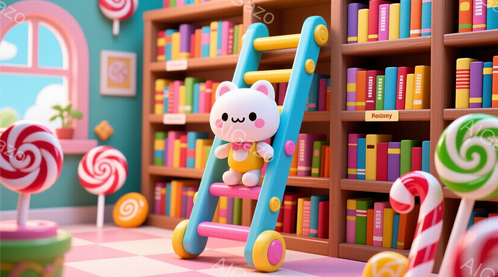 鮮やかなパステルカラーの背景に、青い梯子を操作するピンク色の可愛らしい人形が描かれています。人形は丸い顔に小さな目と口を持ち、無表情で梯子を操作しています。背景には、カラフルな絵本やキャンディ、植物が配置され、おとぎ話のような甘くて夢幻的な雰囲気を醸し出しています。