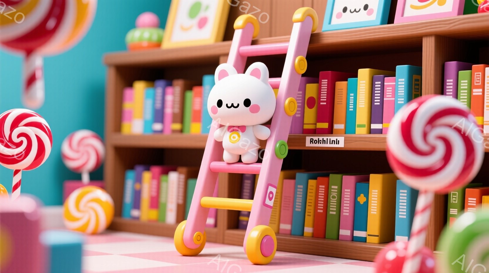 鮮やかなピンクと紫を基調とした背景に、カラフルなキャンディや積み木、そしてたくさんの本が並んでいます。うさぎのキャラクターがピンクの梯子にもたれかかっており、つぶらな瞳でこちらを見つめています。全体的に、おもちゃ箱をひっくり返したような、遊び心満載で可愛らしい雰囲気です。