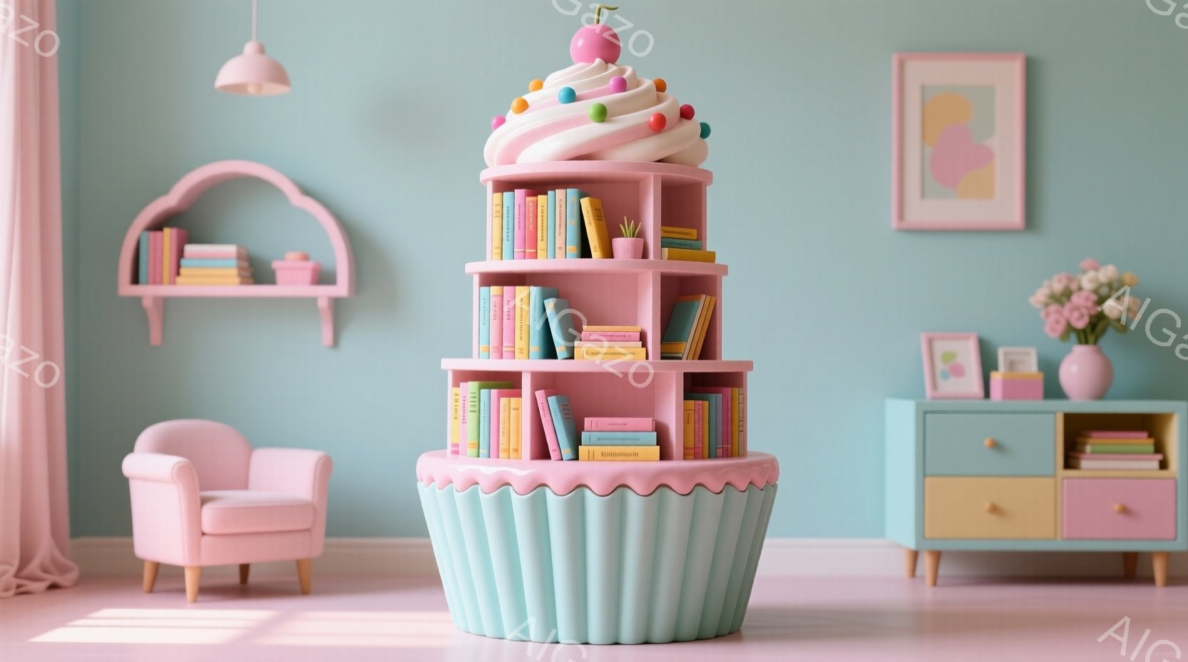 バービーハウスのテーマを取り入れたデコレーションの一例です。中央には、バルートカフェのような雰囲気を演出する糖衣パイクカフェが置かれています。その上には、本やデコボックスを模した建物が積み重ねられており、さらに頂上には糖衣パイクの代わりとなるバルートのような頂部があります。 房間内には、ピンク色の壁や家具が散らばっています。中央にはピンク色のカウンターと椅子が配置されており、そこにはフラミンゴが置かれています。背景には画像が掛けられており、絵画のような印象を与えるようです。 雰囲気は、甘いと甘くとも抑えられたように落ち着いており、童話のような詩情が感じられます。人物は画像内では出現せず、この場合、カフェを運営するバルートとパイクを表現するために利用されていると考えられます。