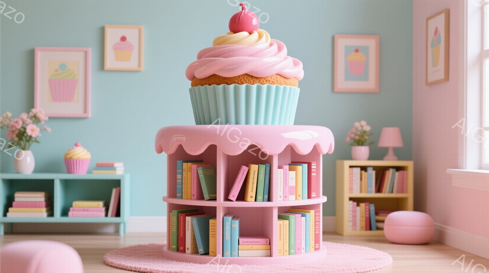明るいパステルブルーの壁を背景に、ピンク色のカップケーキの形をした本棚が特徴的な部屋です。本棚には色とりどりの本が並び、窓際には可愛らしいピンクの椅子と棚があり、全体的に甘くて夢のような雰囲気が漂っています。可愛らしいイラスト入りの絵画や、ピンク色のふわふわのラグが部屋をより一層可愛らしく演出しています。