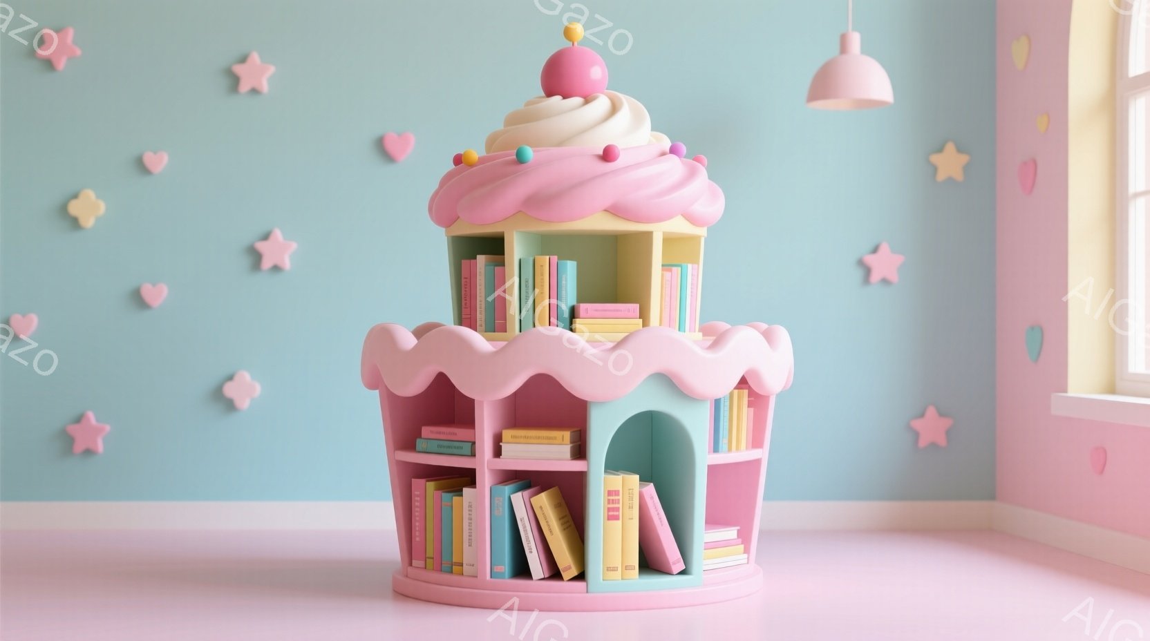 鮮やかな水色の壁に、ピンク色の可愛い本棚が置かれています。本棚はカップケーキの形をしており、クリームやカラフルなスプリンクルが施されています。背景には、ピンク色の星やハート型の装飾が散りばめられ、全体的に甘くて夢のような雰囲気を醸し出しています。
