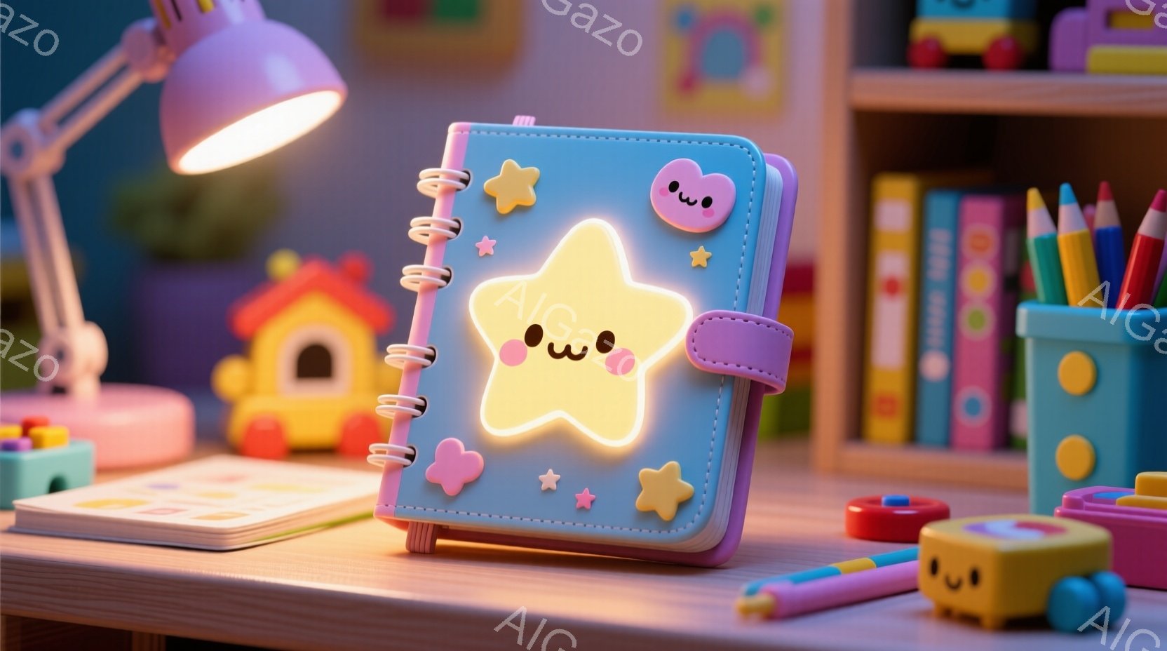 明るいピンク色のデスクの上に、星の形をした可愛らしいノートが置かれています。ノートは水色で、周りに小さな星の飾りがあり、まるで夜空のようです。背景にはおもちゃや本が並び、暖かく創造的な雰囲気が漂ってい - AI生成フリー素材