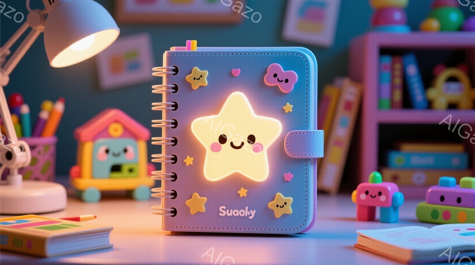 明るいピンク色の壁を背景に、星形のカバーのノートブックが中央に配置されている。カバーには、笑顔の星とハートのモチーフが描かれており、ノートブックのブランド名「Suahy」が書かれている。背景には、カラ - AI生成フリー素材