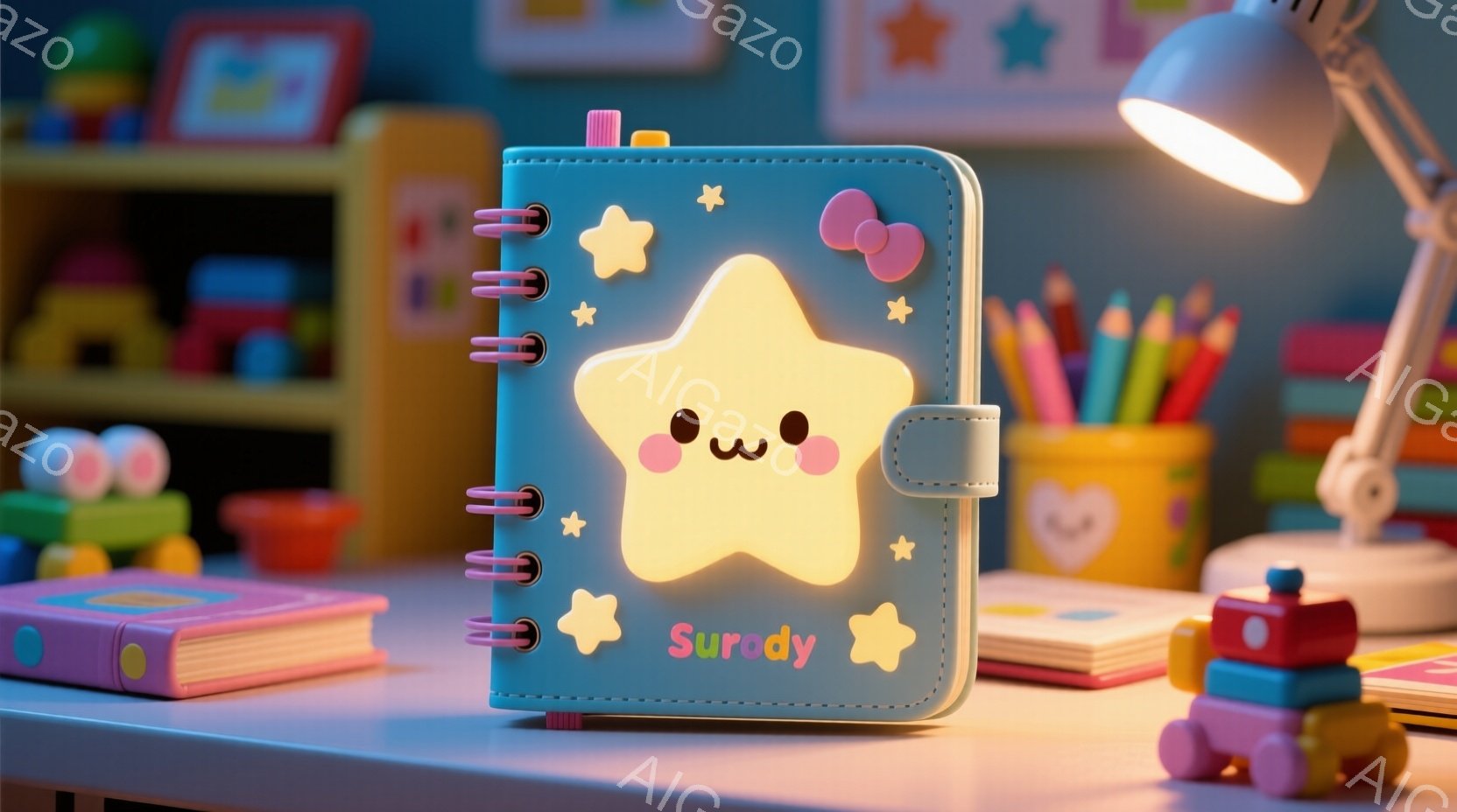 鮮やかな青色の卓上に、星形のイラストが描かれた可愛らしいバインダーが開いています。バインダーには「Surdy」という文字が書かれており、周りには黄色い星が散りばめられています。背景にはカラフルな積み木や鉛筆、そして明るい色の本棚が見え、全体的に遊び心あふれる、子供らしい雰囲気が漂っています。