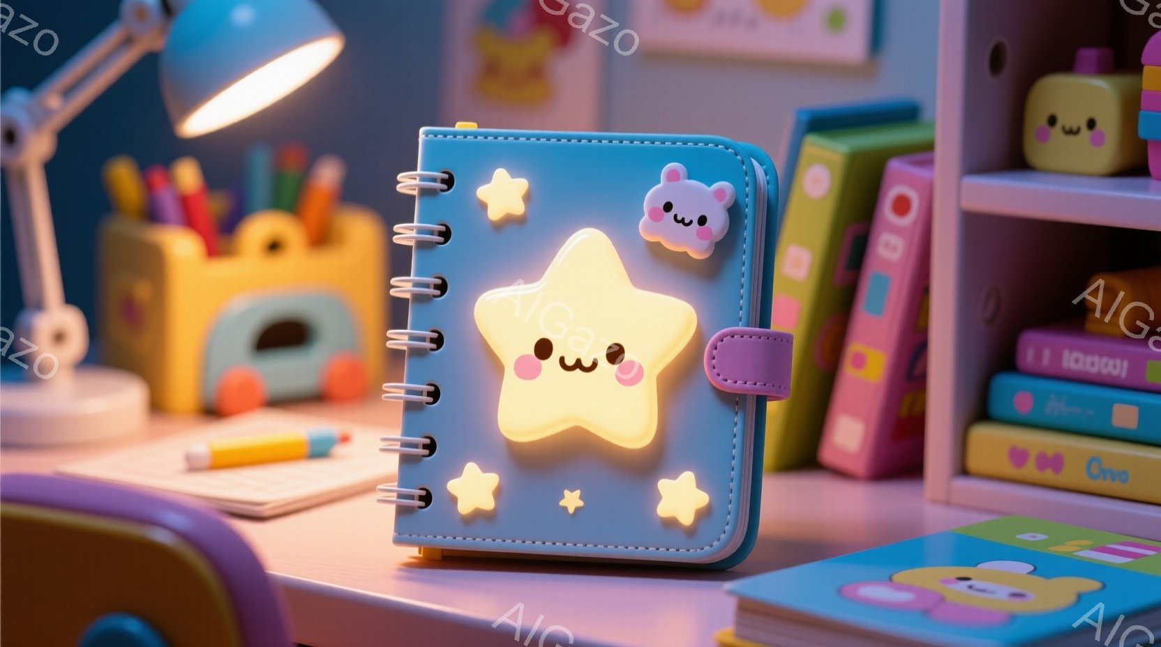 明るいピンク色の机の上に、星の形をした可愛いノートが置かれています。ノートは水色で、周りに小さな星が散りばめられ、中央には笑顔の星のモチーフがついています。背景には、色とりどりの文房具や本が置かれ、全 - AI生成フリー素材