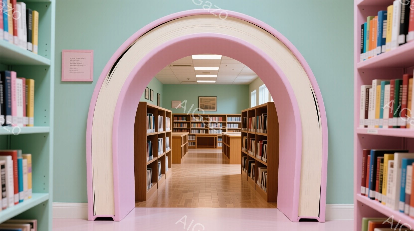 図書館のアーチ型の通路が写っており、奥には整然と並んだ書架が見える。通路の壁は淡いピンク色で、書架は木製で明るい色調で、全体的に静かで落ち着いた雰囲気である。床は木目調で、天井には蛍光灯が並び、図書館の清潔さと整然とした様子が強調されている。