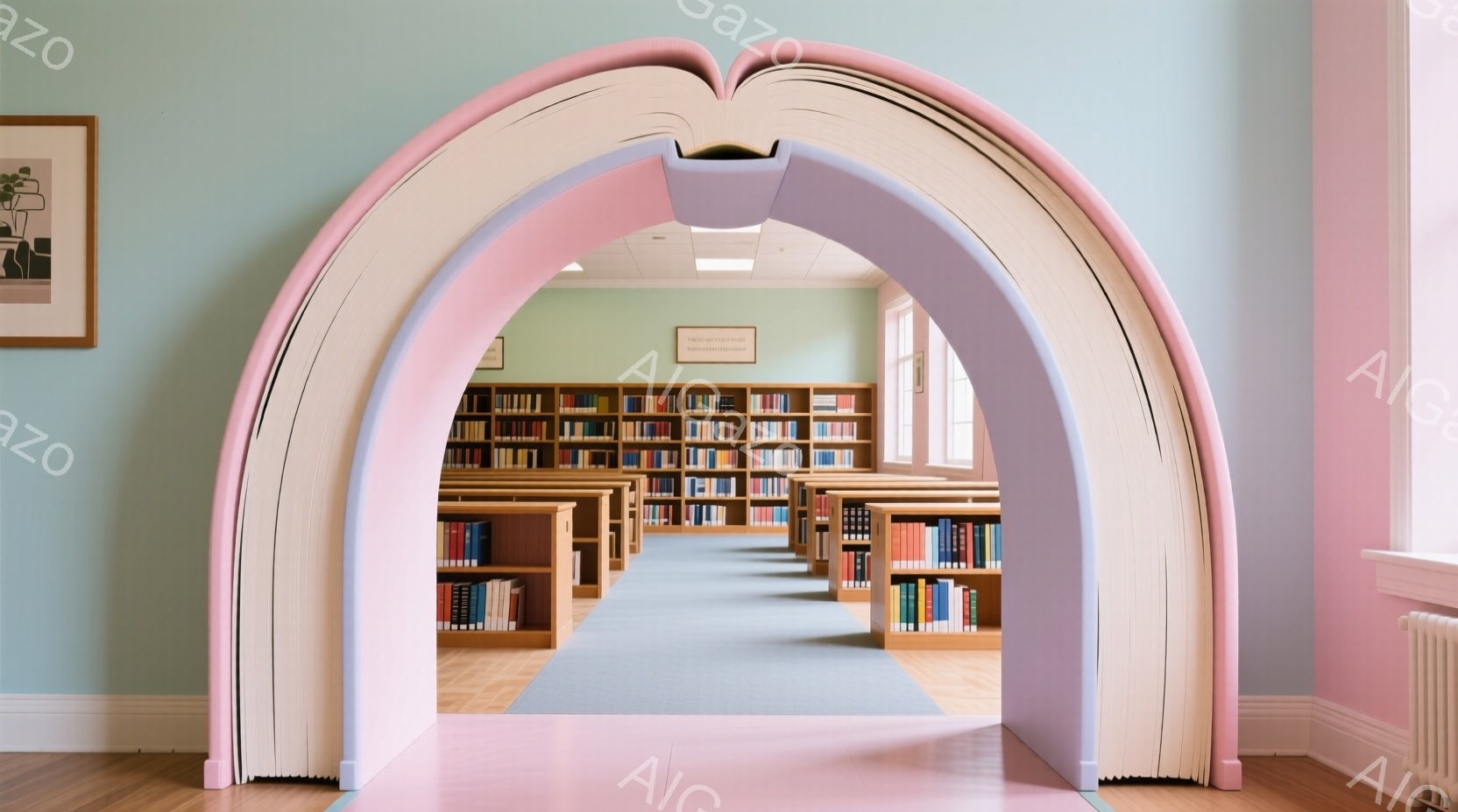 図書館の入口が、開いた本の形を模したアーチ状のデザインになっています。薄いピンクとオフホワイトの配色が柔らかい印象を与え、奥には整然と並んだ書架と、青色のカーペットが広がっています。明るい光が差し込み、静かで落ち着いた雰囲気が漂う、児童向けの図書館の内部の様子です。